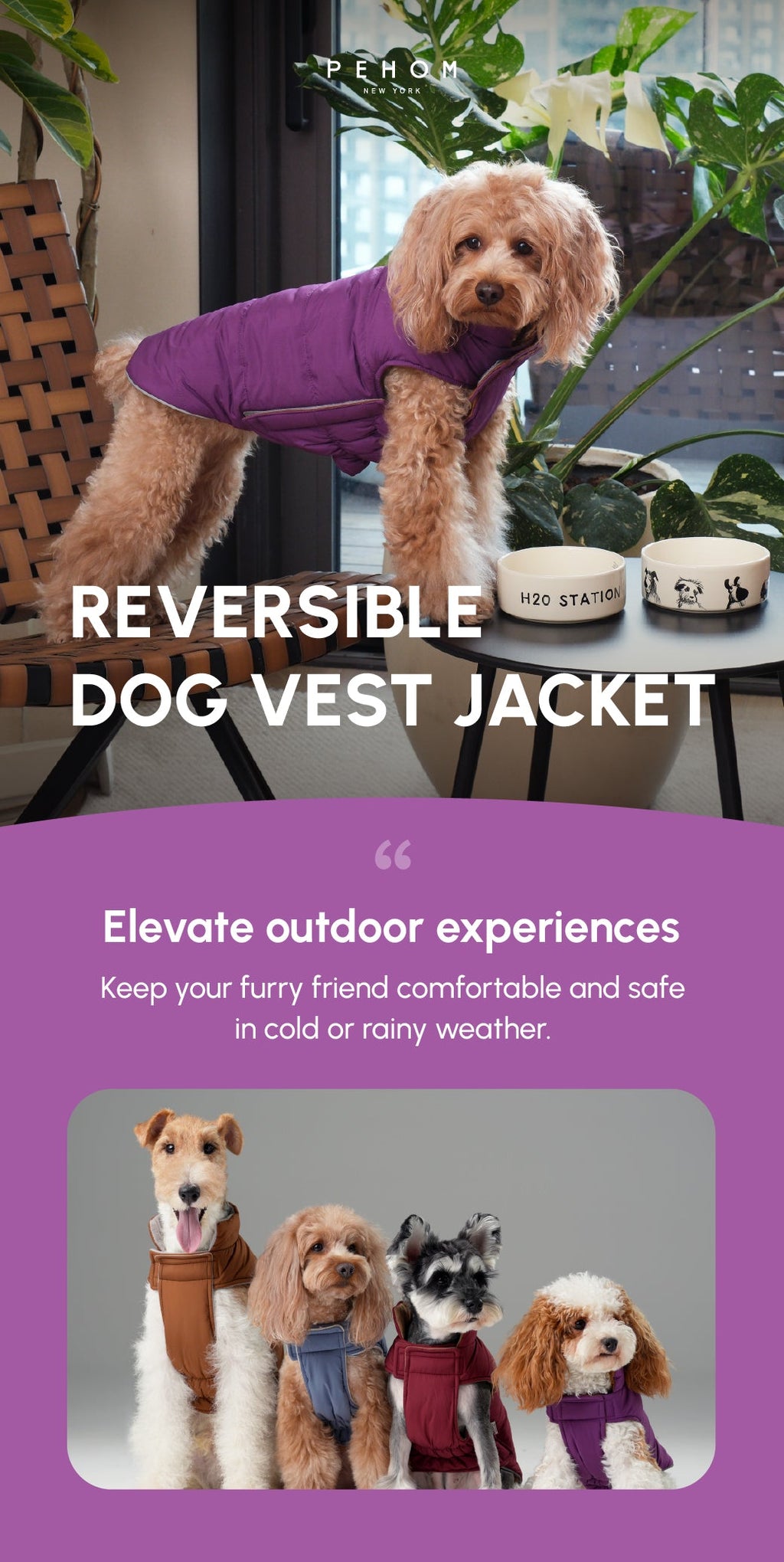 Reversible Dog Vest Jacket - Purple/ Caramel