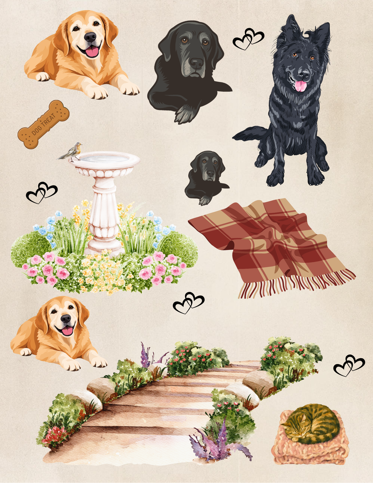 Senior Dog Cottage Garden Printable Cutouts | 3 Junk Journal Pages | Build Your Own Garden Scene