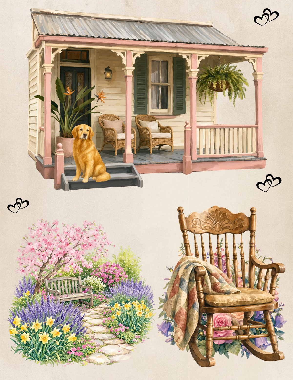 Senior Dog Cottage Garden Printable Cutouts | 3 Junk Journal Pages | Build Your Own Garden Scene