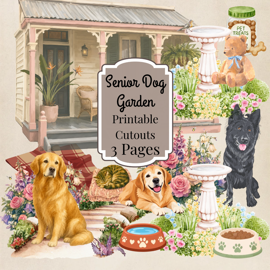 Senior Dog Cottage Garden Printable Cutouts | 3 Junk Journal Pages | Build Your Own Garden Scene